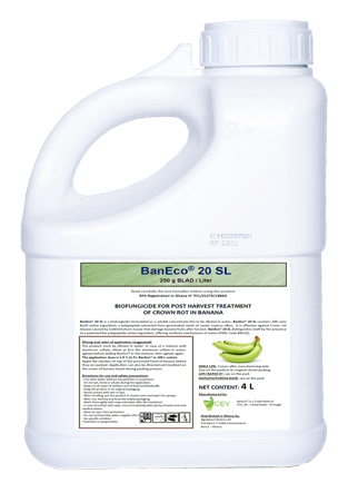 Image of the product container, illustrating the BLAD-based biofungicide for post-harvest treatments against crown rot disease in banana.
