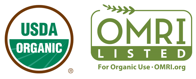 USDA Organic certification logo and OMRI Listed for Organic Use logo
